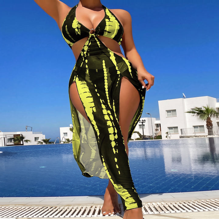 Women's String Bikini in black yellow tie dye