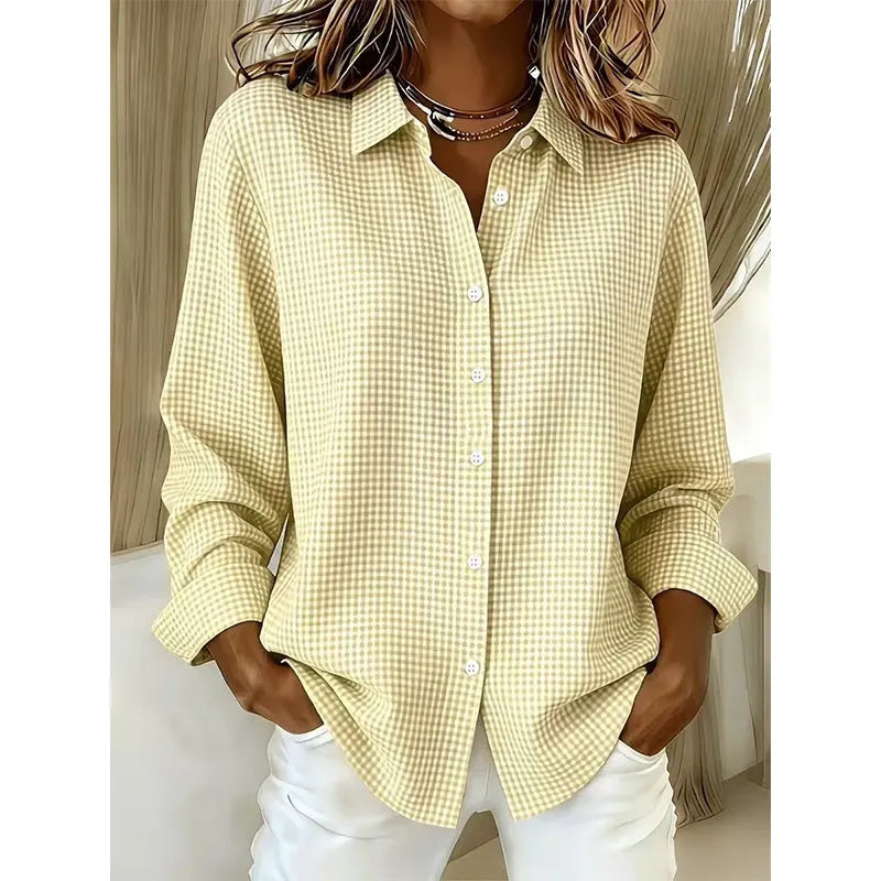 Women's Long Sleeve Linen Shirt in yellow plaid