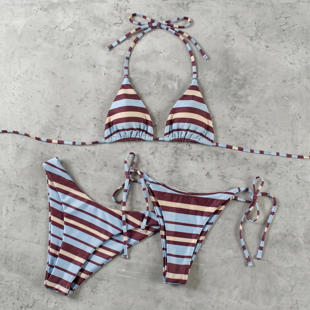 Women's Polka Dot Bikini in sky blue coffee striped
