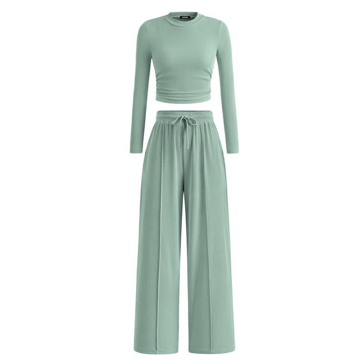 MIRELA™ - Ribbed Knit Long Sleeve Crop Top and Matching Pants Set