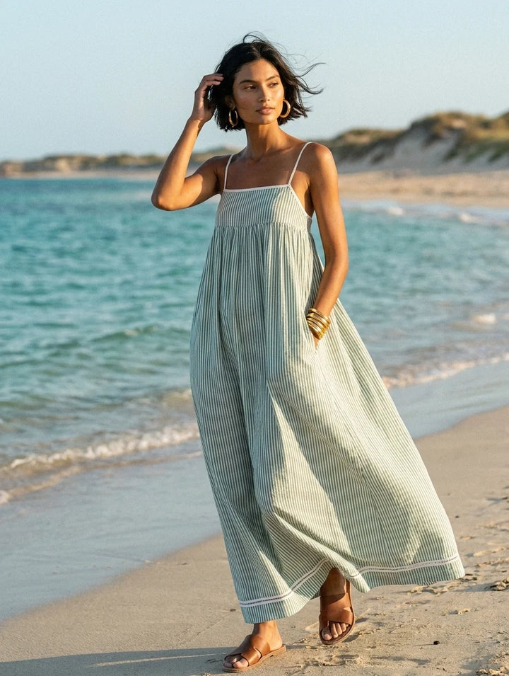 Women's Summer Maxi Dress in green striped