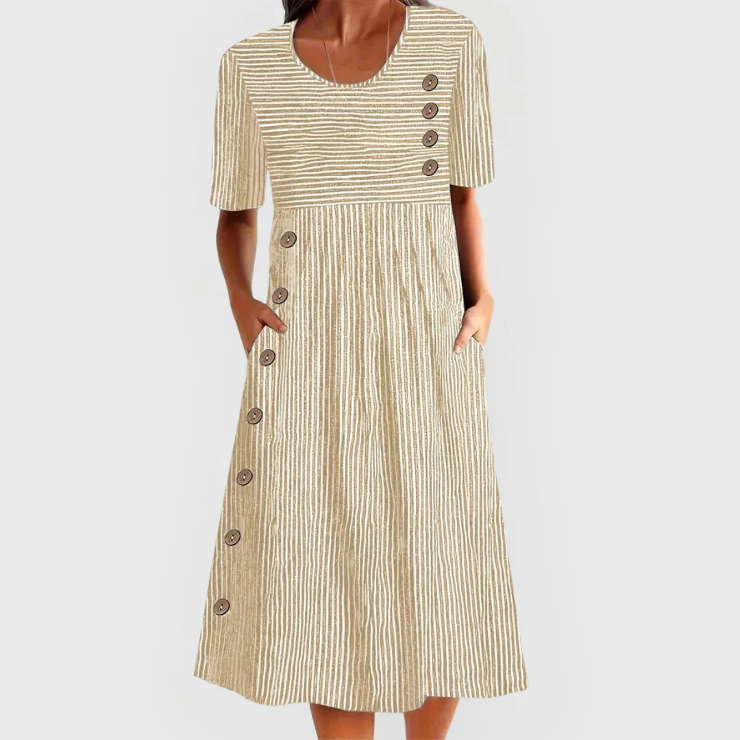 Women's A Line Midi Dress in beige striped