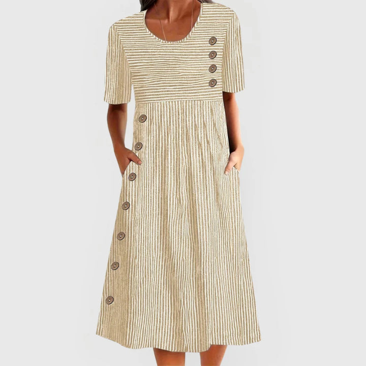 Women's A Line Midi Dress in beige striped