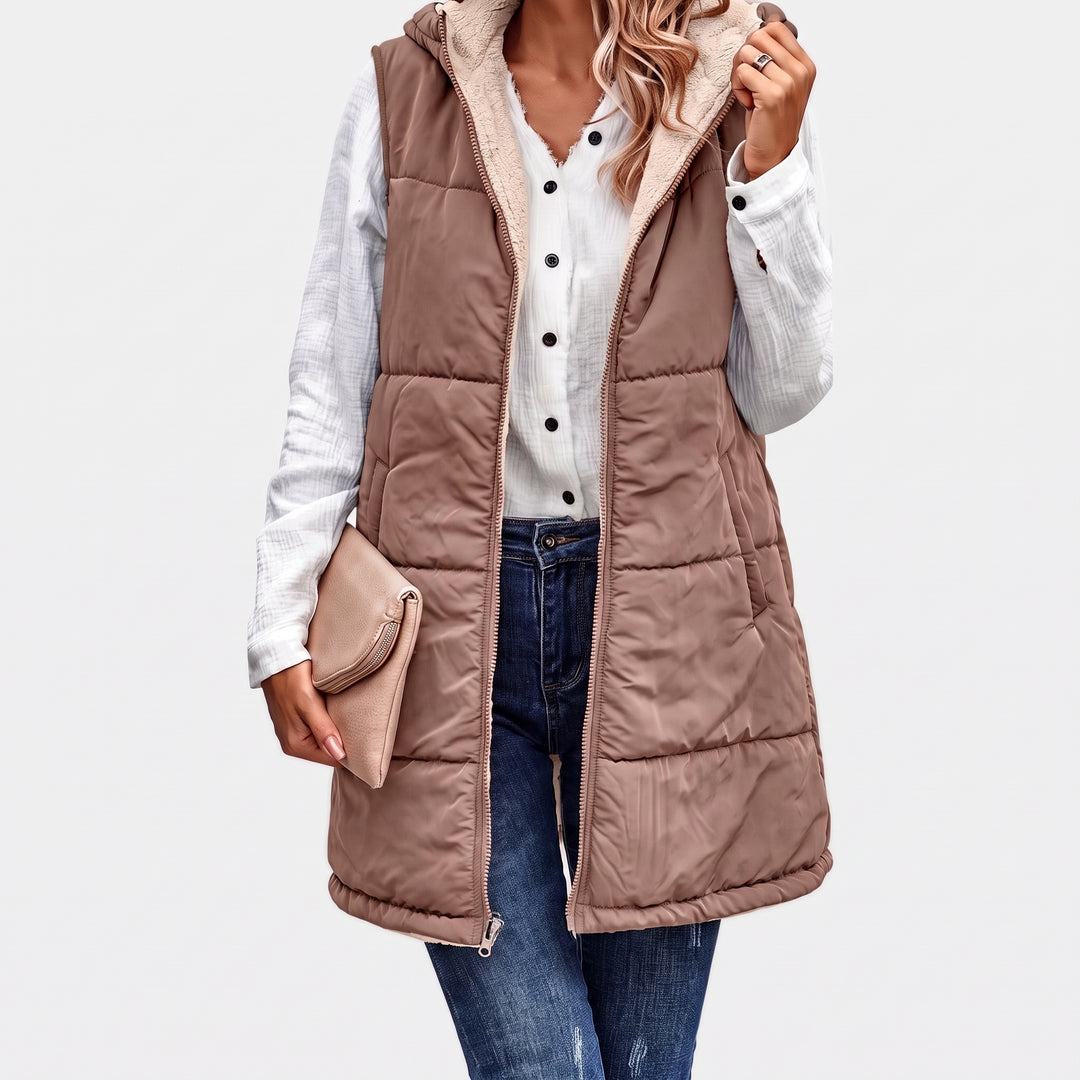 Women's Puffer Vest, Hooded Midi Length Longline