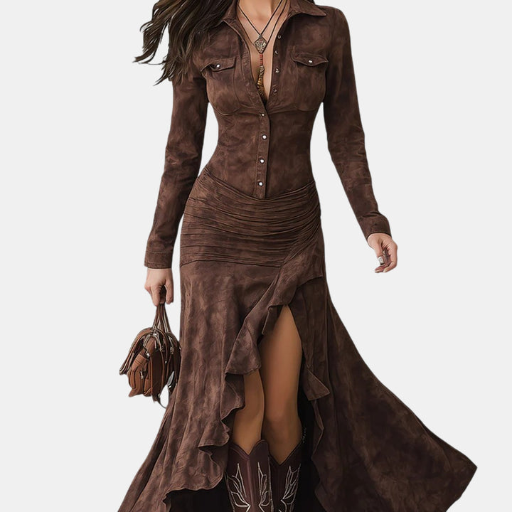 Women's Long Sleeve Maxi Dress in coffee