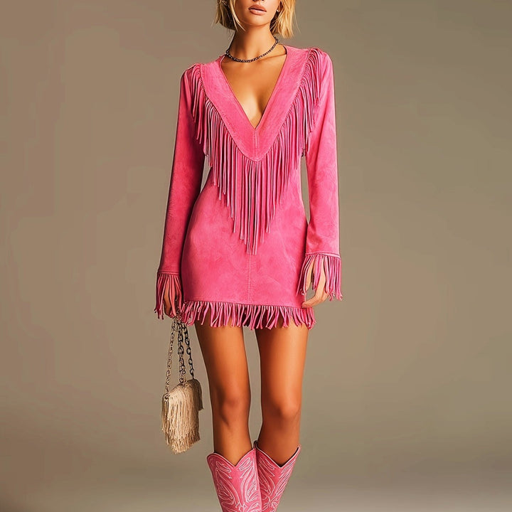 Women's Long Sleeve Mini Dress in hot pink