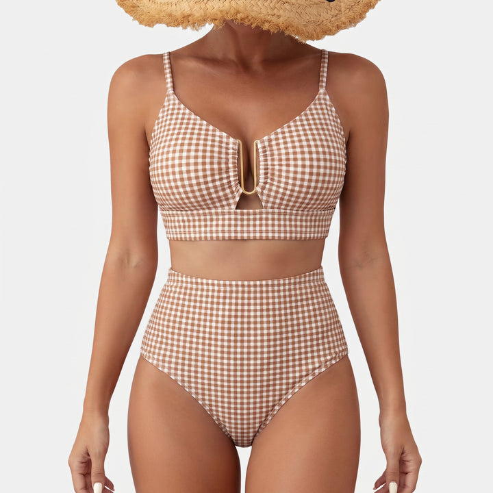 Women's High Waisted Bikini in brown gingham