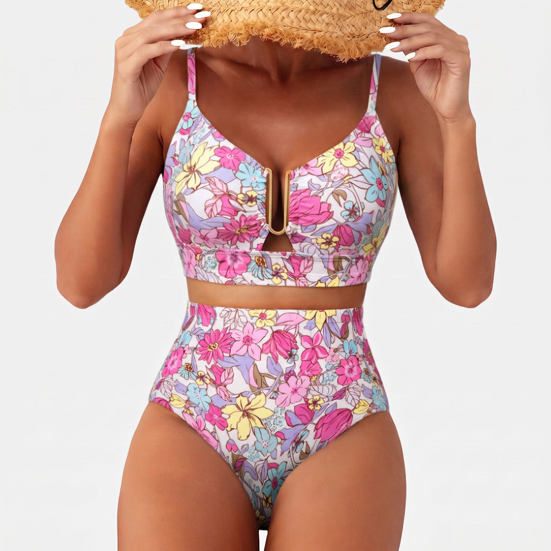 Women's High Waisted Bikini in pink floral