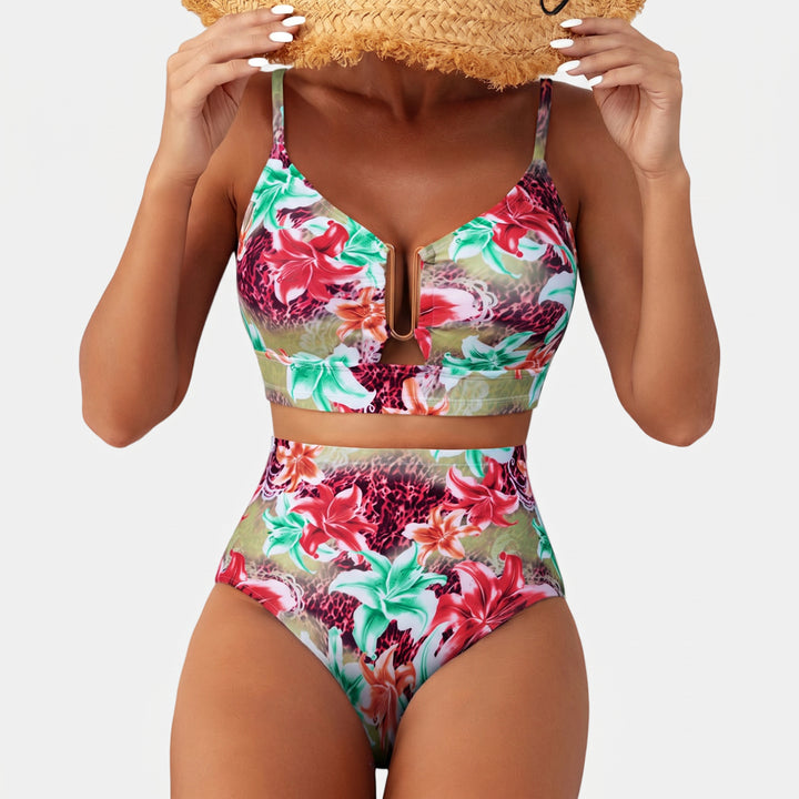 Women's High Waisted Bikini in green floral
