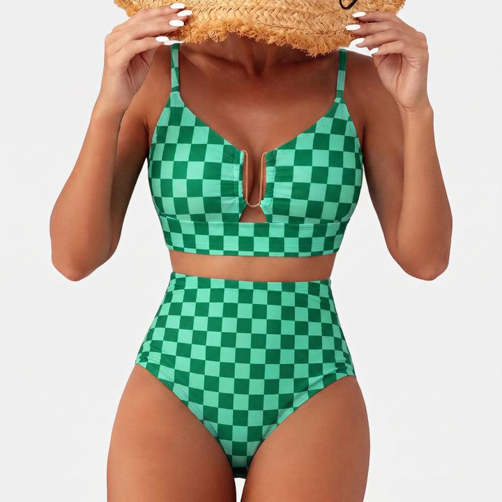 Women's High Waisted Bikini in green check