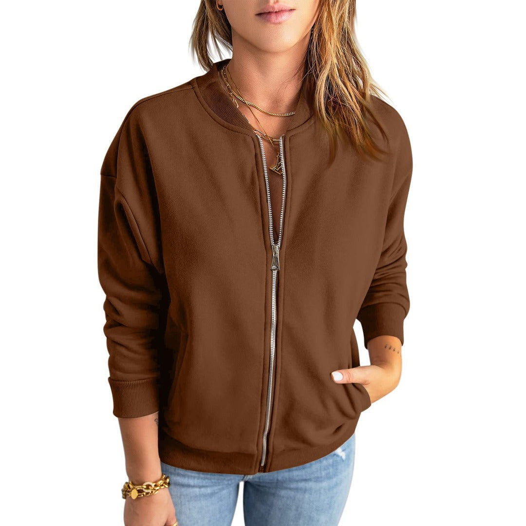 Women's bomber jacket, relaxed fit full zip, brown