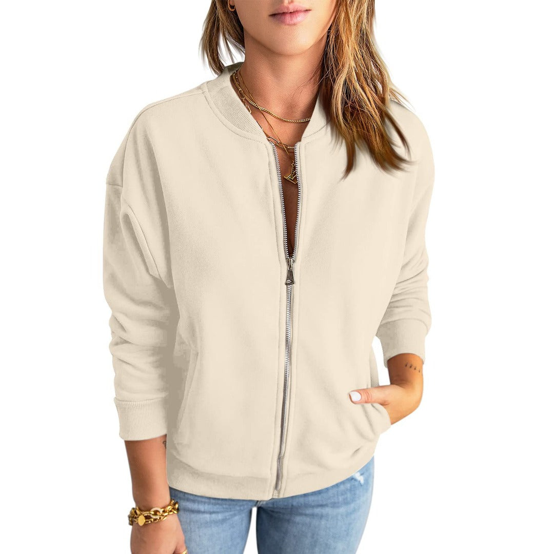 Women's bomber jacket, relaxed fit full zip, cream
