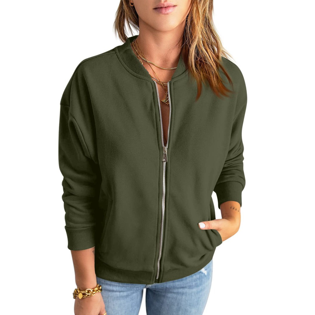 Women's bomber jacket, relaxed fit full zip, olive green