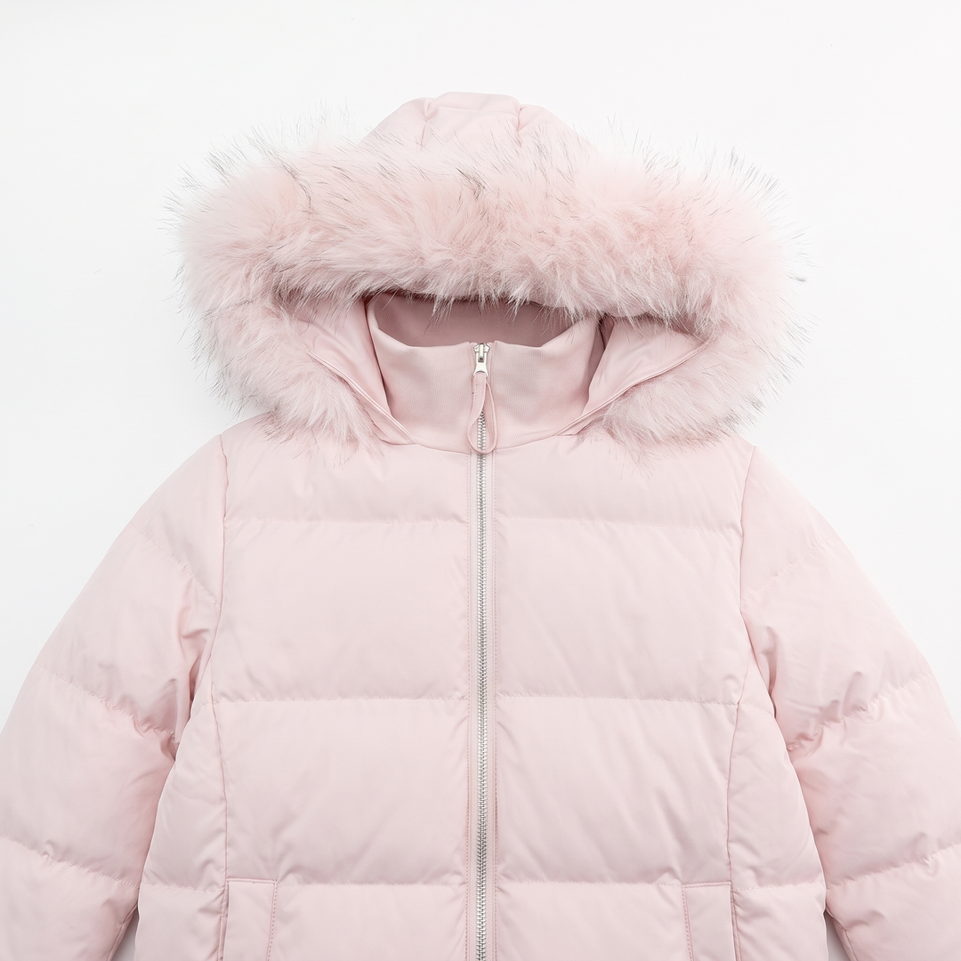 Women's Puffer Jacket, Long Quilted Slim-Fit Fur Hood